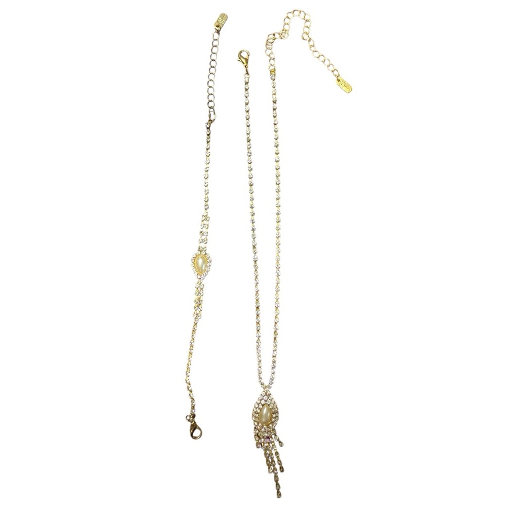 Vintage Gold Color and Silver diamond Necklace with Tear Drop Faux Pearl